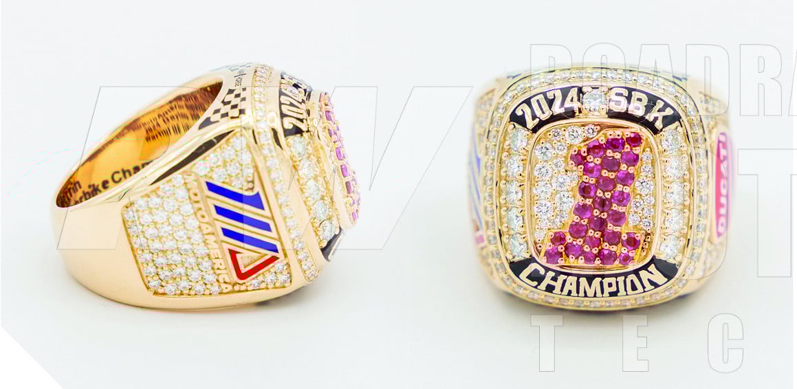 Josh Herrin's 2024 MotoAmerica Superbike Championship ring is made of over an ounce of gold plus 206 natural diamond and ruby gemstones. Retail value would be between $15,000 and $20,000.