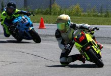 Moto1 MiniSBK race at Shannonville’s interior Go-Kart layout, with eventual victor No. 15 Ohvale rookie Stefan Tanasic leading No. 99 Ohvale of third placed Will Brown by CF June 14.