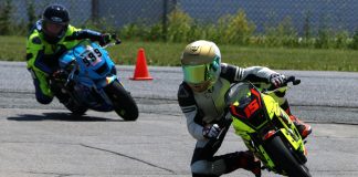 Moto1 MiniSBK race at Shannonville’s interior Go-Kart layout, with eventual victor No. 15 Ohvale rookie Stefan Tanasic leading No. 99 Ohvale of third placed Will Brown by CF June 14.