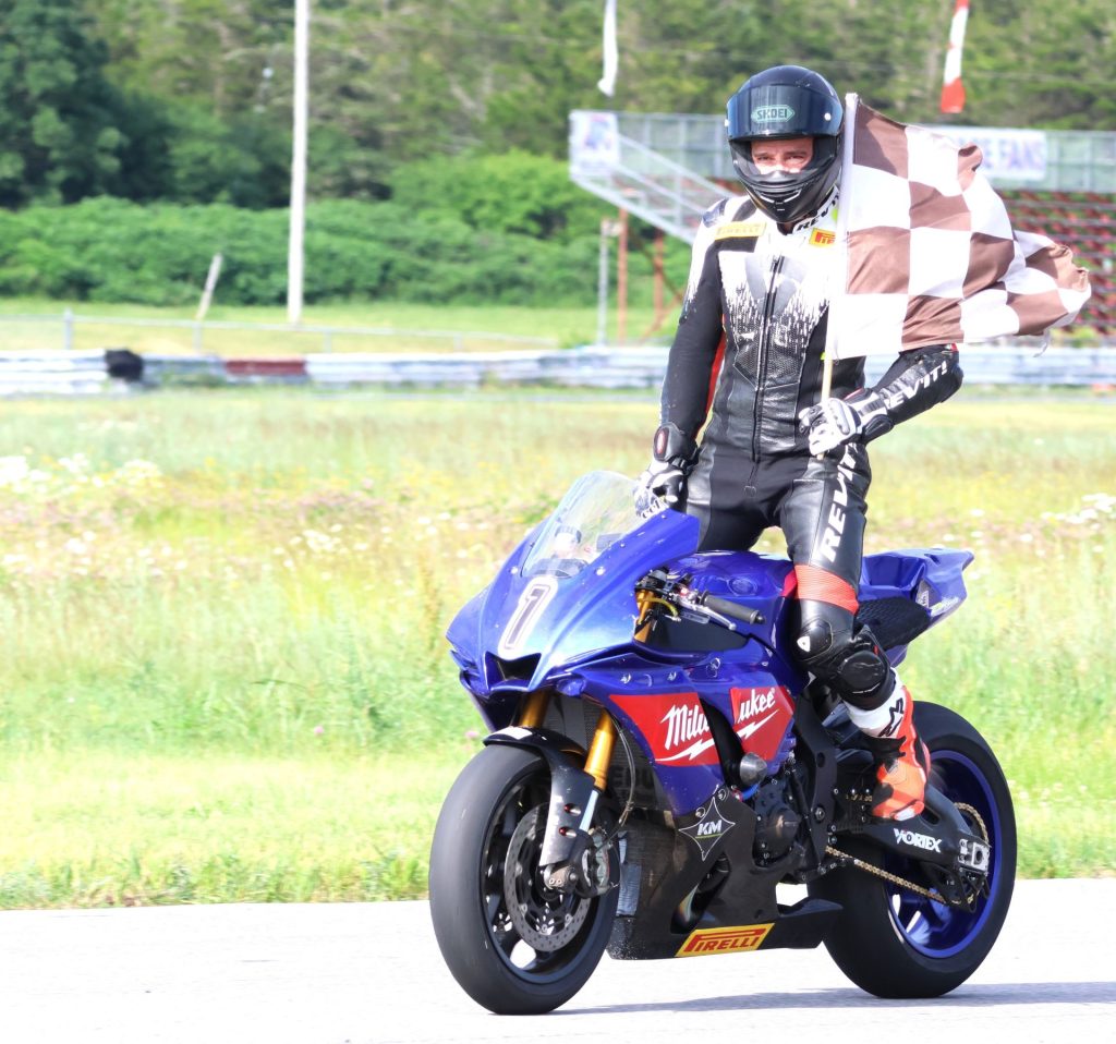 Elie Daccache celebrates his second straight Lou-Ann Printing Pro Superbike victory at Shannonville’s second round of the RACE Moto Regional Championships aboard his No. 1 Milwaukee Tools Yamaha YZF-R1.
