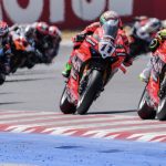 World Superbike race 2 at Misano, with Bautista (19), Bulega (11) and Rea (65). Photo courtesy Dorna.