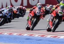 World Superbike race 2 at Misano, with Bautista (19), Bulega (11) and Rea (65). Photo courtesy Dorna.
