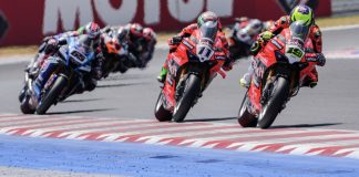World Superbike race 2 at Misano, with Bautista (19), Bulega (11) and Rea (65). Photo courtesy Dorna.
