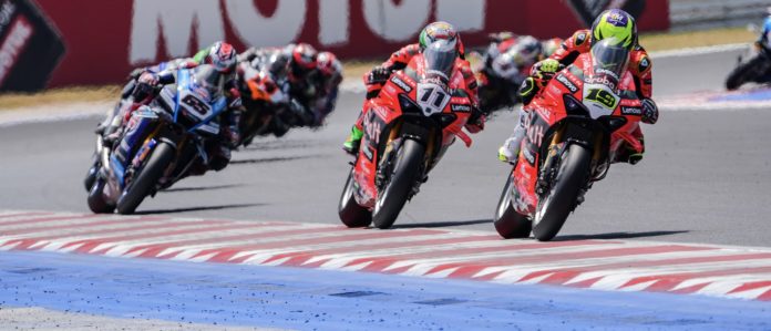 World Superbike race 2 at Misano, with Bautista (19), Bulega (11) and Rea (65). Photo courtesy Dorna.