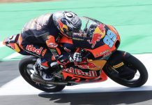 Rueda in full attack mode at the British GP - but it’s Aragon where he topped the timesheets this morning. Photo courtesy Red Bull KTM Ajo Team.