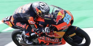 Rueda in full attack mode at the British GP - but it’s Aragon where he topped the timesheets this morning. Photo courtesy Red Bull KTM Ajo Team.