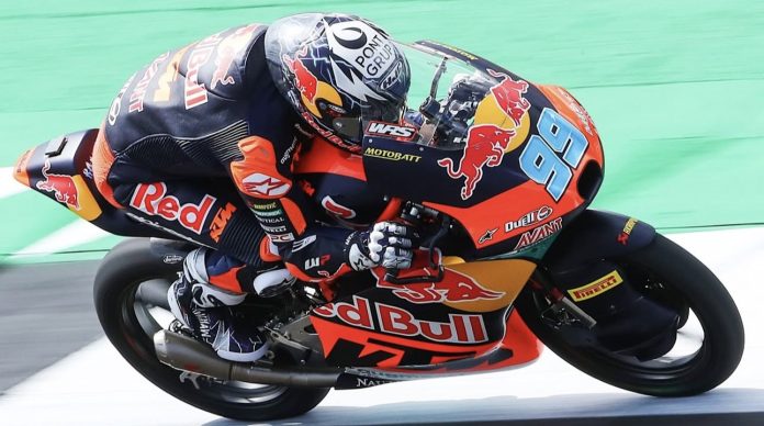 Rueda in full attack mode at the British GP - but it’s Aragon where he topped the timesheets this morning. Photo courtesy Red Bull KTM Ajo Team.