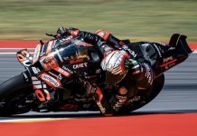 Marco Bezzecchi during the last Grand Prix at Aragon, in Spain. Photo courtesy Aprilia Team.