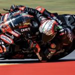 Marco Bezzecchi during the last Grand Prix at Aragon, in Spain. Photo courtesy Aprilia Team.