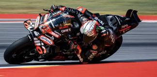 Marco Bezzecchi during the last Grand Prix at Aragon, in Spain. Photo courtesy Aprilia Team.