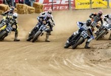 Mission AFT SuperTwins riders during the Mission Triple Challenge at the Lima Half-Mile; Dallas Daniels (32), Brandon Robinson (44), Dan Bromley (62), Briar Bauman (3) Photo: Tim Lester / courtesy American Flat Track.