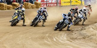 Mission AFT SuperTwins riders during the Mission Triple Challenge at the Lima Half-Mile; Dallas Daniels (32), Brandon Robinson (44), Dan Bromley (62), Briar Bauman (3) Photo: Tim Lester / courtesy American Flat Track.