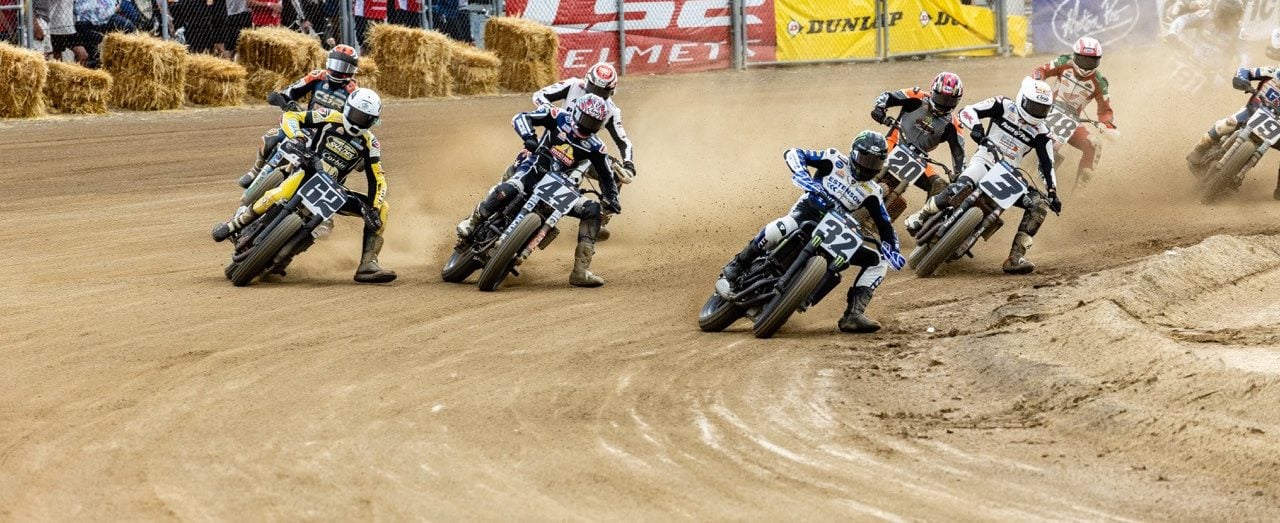 Mission AFT SuperTwins riders during the Mission Triple Challenge at the Lima Half-Mile; Dallas Daniels (32), Brandon Robinson (44), Dan Bromley (62), Briar Bauman (3) Photo: Tim Lester / courtesy American Flat Track.
