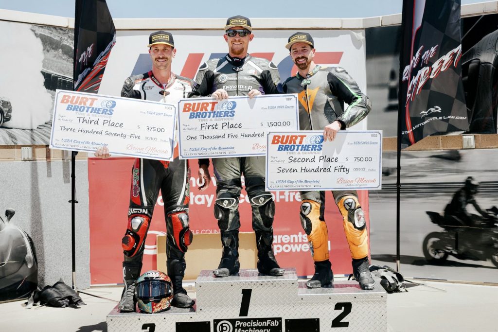 Burt Brothers Tire & Service King of the Mountain Race Podium. Left to Right: Justin Delong p3, Anthony Norton p1, Brian Childree p2. Photo by Crystal Doll