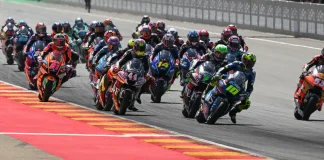 Moto2 race start at MotorLand Aragón, in Spain. Photo courtesy Dorna.