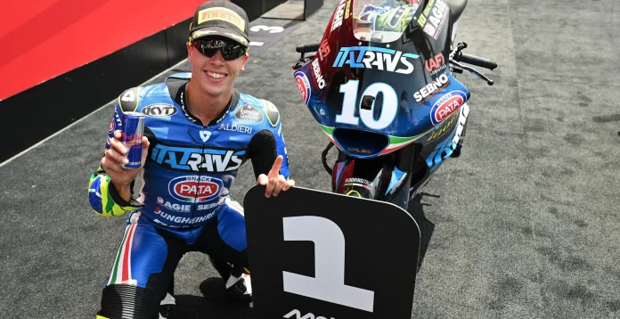 Diogo Moreira in parc fermé after claiming pole position in Italy. Photo courtesy Dorna.