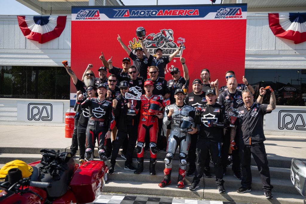 The Harley-Davidson Factory Racing team celebrates a dominant performance at MotoAmerica’s King of the Baggers series. 