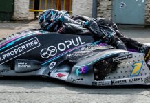 Ryan and Callum Crowe claimed a commanding win in Sidecar TT Race 2. Photo Barry Clay.