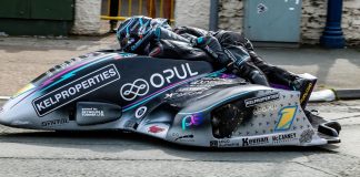 Ryan and Callum Crowe claimed a commanding win in Sidecar TT Race 2. Photo Barry Clay.