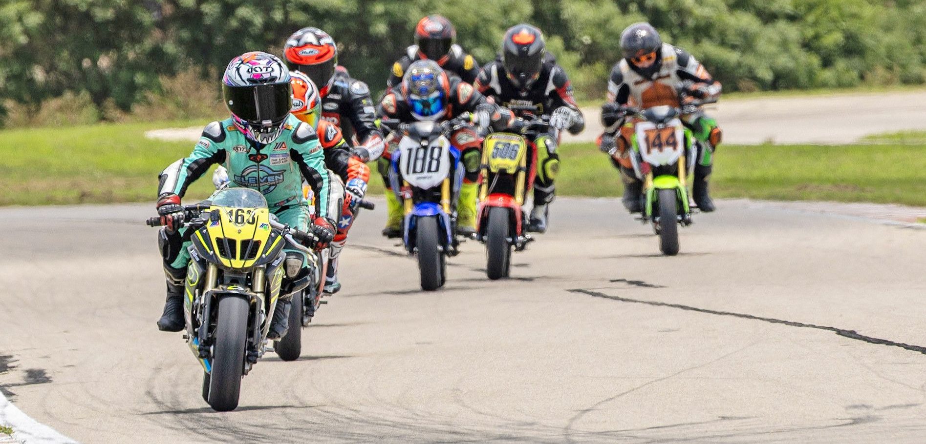 GP 160 MA/Super Mini race: Maverick Johnson (163), Ray Ray (188), Tony Generali (506), and Craig Thompson (144). Photo Credit: Jeff Kulchinski. GP 160 MA/Super Mini race: Maverick Johnson (163), Ray Ray (188), Tony Generali (506), and Craig Thompson (144). Photo Credit: Jeff Kulchinski.