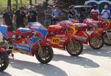 A lineup of iconic Ducati TT and F1 race bikes on display at Barber Motorsports Park. Photo credit Mike Weber.