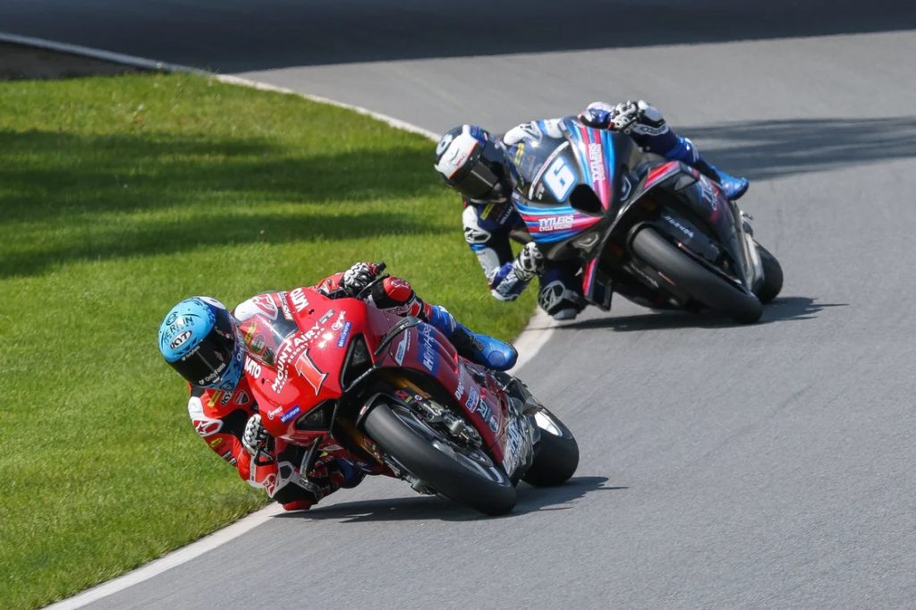 Josh Herrin (1) leads Cameron Beaubier in the second of two MotoAmerica Superbike race on Sunday at Road America. Photo by Brian J. Nelson