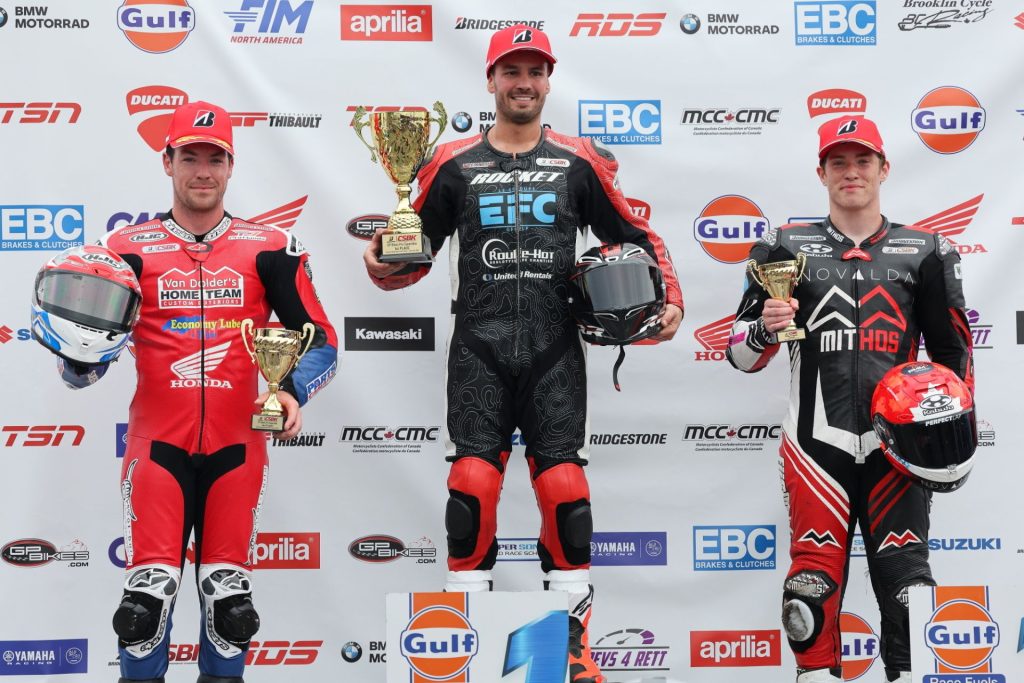 Saturday's Superbike podium from Atlantic Motorsport Park (L-R): Ben Young (2nd), Sam Guerin (1st), and Torin Collins (3rd). Photo by Rob O'Brien / courtesy CSBK.