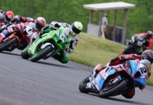 Atlantic Motorsport Park Superbike race one action with winner Sam Guerin (2) leading Jordan Szoke (101), Ben Young (1), Torin Collins (71), and Alex Dumas (23). Photo by Rob O'Brien / courtesy CSBK.