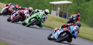 Atlantic Motorsport Park Superbike race one action with winner Sam Guerin (2) leading Jordan Szoke (101), Ben Young (1), Torin Collins (71), and Alex Dumas (23). Photo by Rob O'Brien / courtesy CSBK.