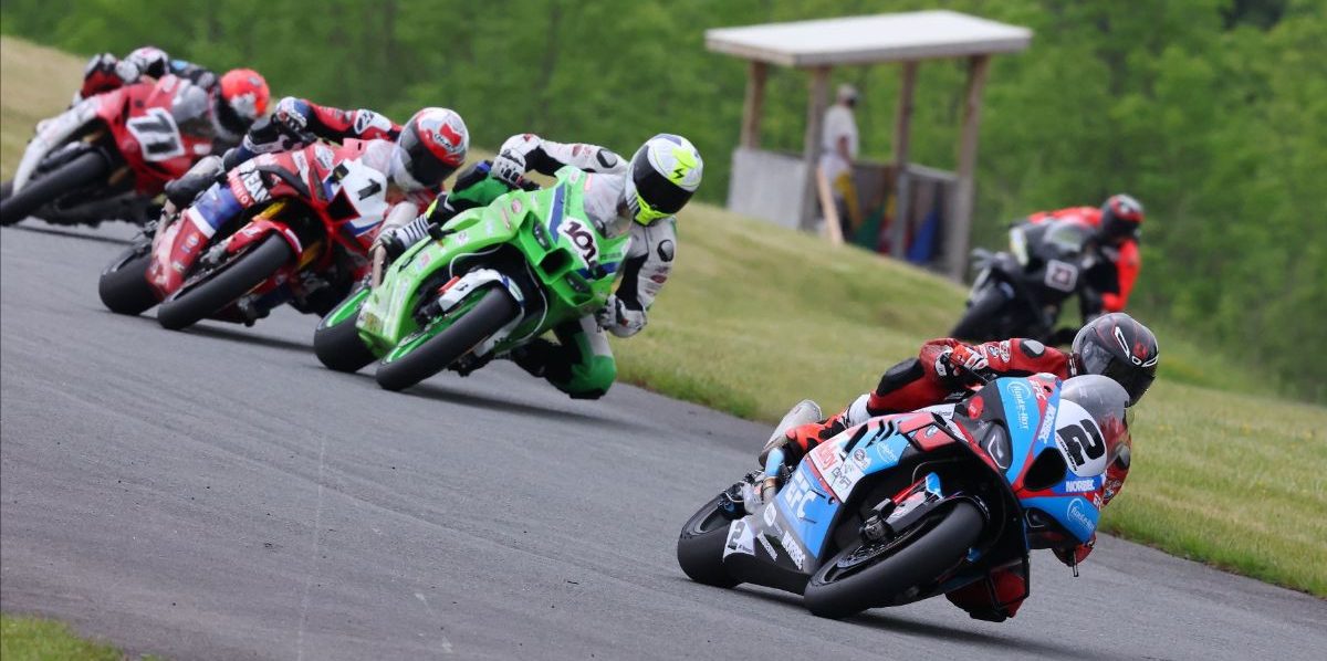 Atlantic Motorsport Park Superbike race one action with winner Sam Guerin (2) leading Jordan Szoke (101), Ben Young (1), Torin Collins (71), and Alex Dumas (23). Photo by Rob O'Brien / courtesy CSBK.