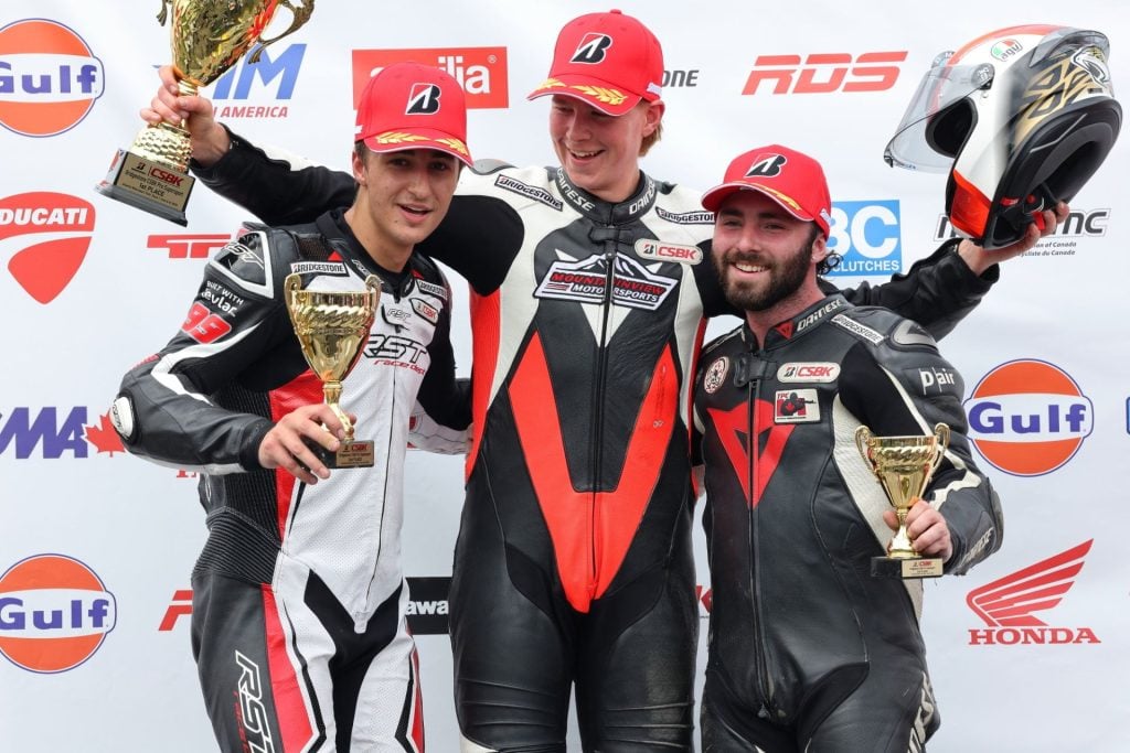 Saturday's Pro Supersport podium from Atlantic Motorsport Park (L-R): Alex Michel (2nd), Andrew Van Winkle (1st), and Laurent Laliberte-Girard (3rd). Photo by Rob O'Brien / courtesy CSBK.