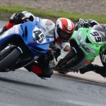 Andrew Van Winkle (45) led from start to finish in Saturday's action filled Pro Supersport race one at Atlantic Motorsport Park. Alex Michel (99) finished a strong second ahead of Laurent Laliberte-Girard. Photo by Rob O'Brien / courtesy CSBK.