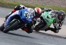 Andrew Van Winkle (45) led from start to finish in Saturday's action filled Pro Supersport race one at Atlantic Motorsport Park. Alex Michel (99) finished a strong second ahead of Laurent Laliberte-Girard. Photo by Rob O'Brien / courtesy CSBK.