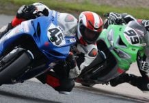 Andrew Van Winkle (45) led from start to finish in Saturday's action filled Pro Supersport race one at Atlantic Motorsport Park. Alex Michel (99) finished a strong second ahead of Laurent Laliberte-Girard. Photo by Rob O'Brien / courtesy CSBK.