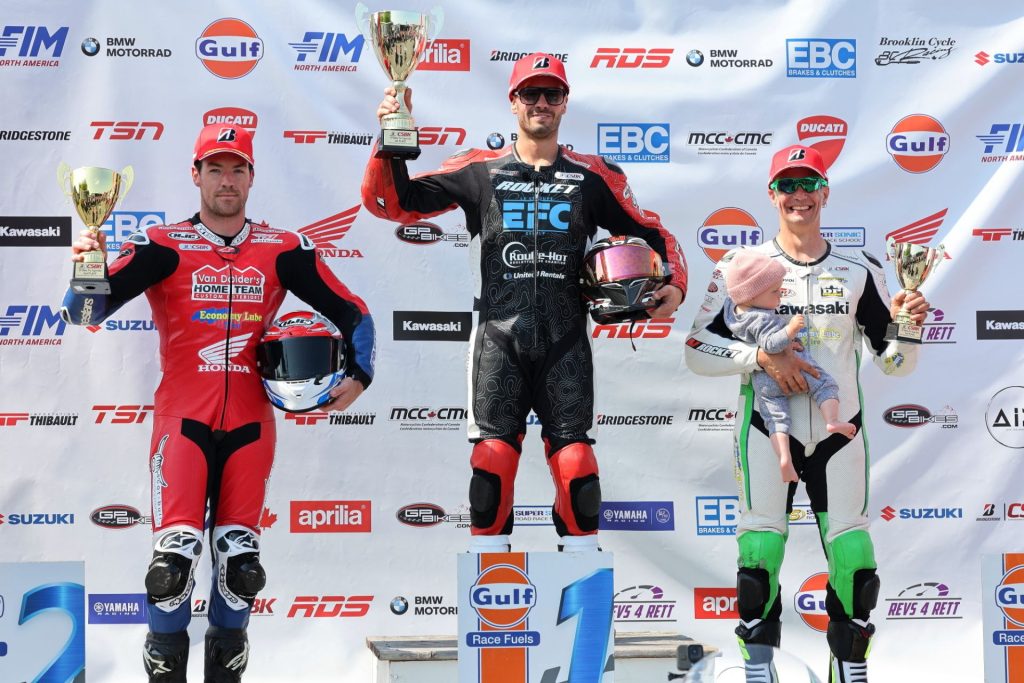 Sunday's Pro Superbike podium from Atlantic Motorsport Park (L-R): Ben Young (2nd), Sam Guerin (1st), and Jordan Szoke (3rd). Photo by Rob O'Brien / courtesy CSBK