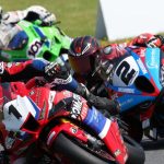 Sunday's Superbike race at Atlantic Motorsport Park looked set to finish in this order, but a pass for the lead on the penultimate lap by Sam Guerin (2) gave the BMW rider his second win of the weekend. Ben Young (1) would finish a close second ahead of Jordan Szoke (101) in third. Photo by Rob O'Brien / courtesy CSBK