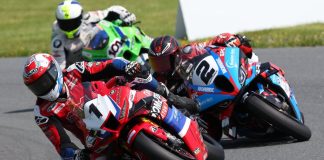 Sunday's Superbike race at Atlantic Motorsport Park looked set to finish in this order, but a pass for the lead on the penultimate lap by Sam Guerin (2) gave the BMW rider his second win of the weekend. Ben Young (1) would finish a close second ahead of Jordan Szoke (101) in third. Photo by Rob O'Brien / courtesy CSBK
