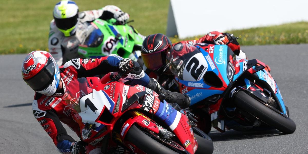 Sunday's Superbike race at Atlantic Motorsport Park looked set to finish in this order, but a pass for the lead on the penultimate lap by Sam Guerin (2) gave the BMW rider his second win of the weekend. Ben Young (1) would finish a close second ahead of Jordan Szoke (101) in third. Photo by Rob O'Brien / courtesy CSBK