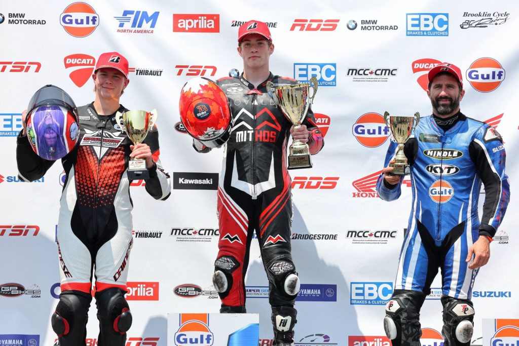 Sunday's Pro Supersport podium from Atlantic Motorsport Park (L-R): Andrew Van Winkle (2nd), Torin Collins (1st), and defending class champion Sebastien Tremblay (3rd). Photo by Rob O'Brien / courtesy CSBK