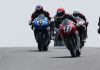 Torin Collins (71) leads the Pro Supersport field into turn one at Atlantic Motorsport Park Sunday afternoon and went on to win by just over three seconds ahead of Andrew Van Winkle (45) and Sebastien Tremblay (hidden). Photo by Rob O'Brien / courtesy CSBK