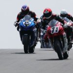 Torin Collins (71) leads the Pro Supersport field into turn one at Atlantic Motorsport Park Sunday afternoon and went on to win by just over three seconds ahead of Andrew Van Winkle (45) and Sebastien Tremblay (hidden). Photo by Rob O'Brien / courtesy CSBK