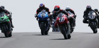 Torin Collins (71) leads the Pro Supersport field into turn one at Atlantic Motorsport Park Sunday afternoon and went on to win by just over three seconds ahead of Andrew Van Winkle (45) and Sebastien Tremblay (hidden). Photo by Rob O'Brien / courtesy CSBK