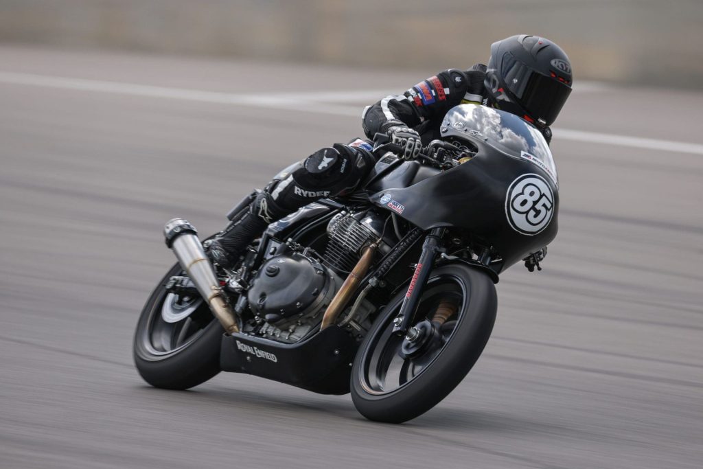 Camille Conrad took a big tumble when she crashed out of race one of Saturday’s Royal Enfield Build.Train.Race. program. Photo by Brian J. Nelson.
