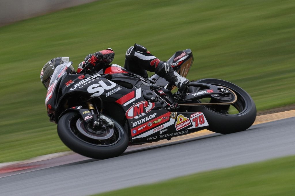 Tyler Scott (#70) backed up a Supersport pole position with a 2-5 finish at Road America, keeping his Vision Wheel M4 ECSTAR Suzuki GSX-R750 in the championship hunt.