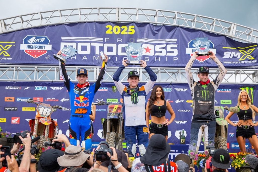 The 250cc podium, from left to right, Tom Vialle, Haiden Deegan and Levi Kitchen.