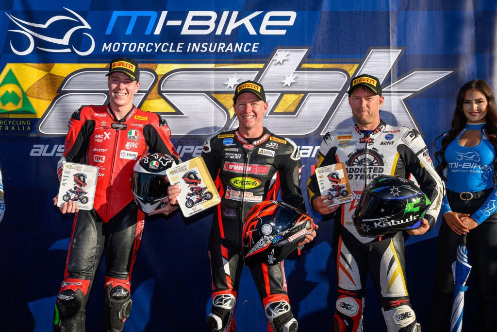 The SW-Motech Superbike overall top three: (L to R) Pearson, Waters and West.