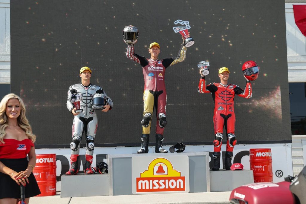 (From left to right) James Rispoli, Troy Herfoss and Kyle Wyman celebrate on the King Of The Baggers podium at Road America. Photo by Brian J. Nelson