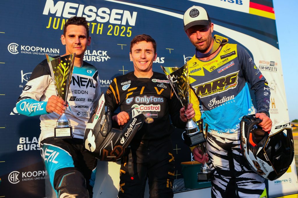 Podium at 2025 FIM Flat Track World Championship in Meißen, Germany. Photo credit: Jesper Veldhuizen.
