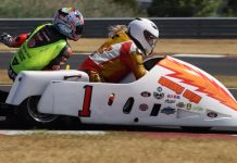 A vintage sidecar racing team.