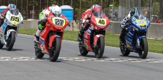 How close is close? Alessandro Di Mario (27) barely beat Julian Correa (40), Sam Drane (59) and Bodie Paige (65) in Sunday's Parts Unlimited Talent Cup By Motul race. Photo by Brian J. Nelson